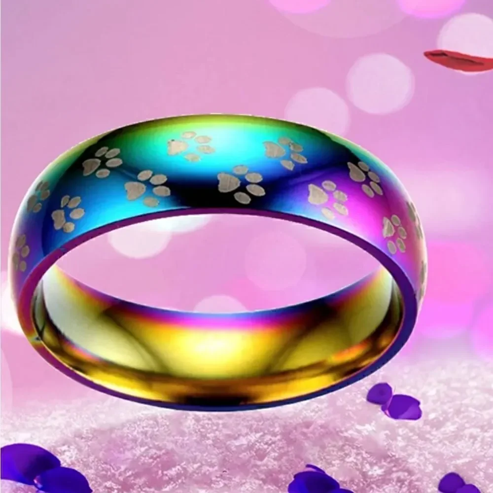 Fashion Colorful Titanium Steel Ring with Small Puppy Footprints